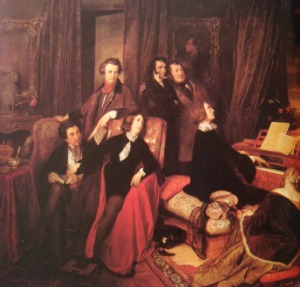 李斯特家的一晚，自左而右：大仲馬、雨果，穿著男裝的喬治桑，帕格尼尼與羅西尼站在一起，李斯特(Franz Liszt)彈琴，瑪麗-古達坐在他的腳邊。