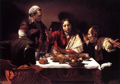 畫家-米開朗基羅·梅里西·達·卡拉瓦喬（Michelangelo Merisi da Caravaggio，1571年9月29日~1610年7月18日） 以馬忤斯的晚餐~Supper at Emmaus between 1601 and 1602 77 × 55 in (195.6 × 139.7 cm) 以馬忤斯晚餐，1601年，畫布油畫，139x195厘米(公分)，倫敦，英國國家美術館。 ~相片取自網路維基~ 